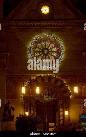 The Cathedral Basilica of Saint Francis of Assisi in downtown Santa Fe, New Mexico is decorated for the Christmas holiday. Stock Photo