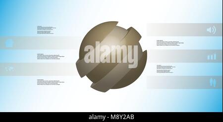 3D illustration infographic template with motif of askew sliced ball to five brown parts which are shifted. Simple sign and text is in color banners.  Stock Vector