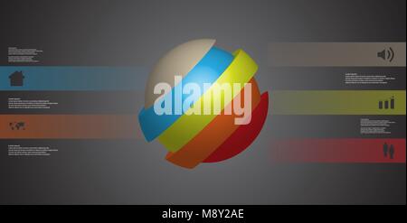 3D illustration infographic template with motif of askew sliced ball to five color parts which are shifted. Simple sign and text is in color banners.  Stock Vector