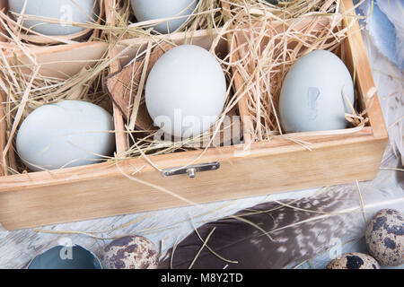 Easter decoration with dyed blue eggs and sawed eggs, feathers in a wooden box, festive background, postcard, rustic style. Top view Stock Photo