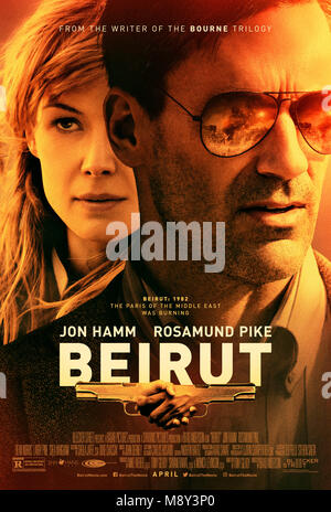 RELEASE DATE: April 11, 2018 TITLE: Beirut STUDIO: Bleecker Street DIRECTOR: Brad Anderson PLOT: A U.S. diplomat (Jon Hamm) flees Lebanon in 1972 after a tragic incident at his home. Ten years later, he is called back to war-torn Beirut by a CIA operative (Rosamund Pike) to negotiate for the life of a friend he left behind. STARRING: ROSAMUND PIKE as Sandy Crowder, JON HAMM as Mason Skiles poster art. (Credit Image: © Bleecker Street/Entertainment Pictures) Stock Photo