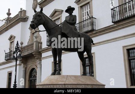 Equestrian statue of the Countess of Barcelona outside Seville Bullring Stock Photo