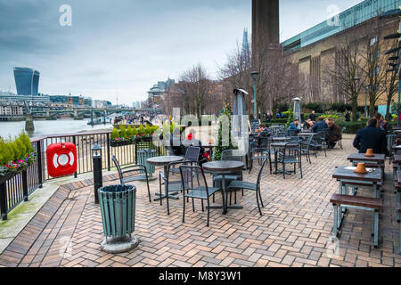 The outdoor seating area of the Founders Arms pub on the South Bank in London. Stock Photo
