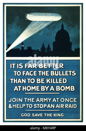 1915 Propaganda WW I Recruitment UK poster - 'It is far better to face the bullets than to be killed at home by a bomb. Join the army at once & help to stop an air raid. God save the King'. Searchlights were used extensively in defense against nighttime airship bombing raids during the First World War. Searchlights could track airships, indicating targets to anti-aircraft guns and night fighters and dazzling crews Stock Photo