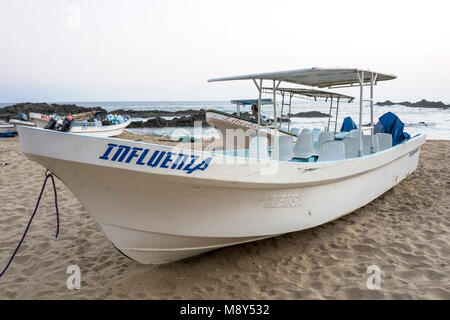 beached open boat named Influenza fitted out and marketed for whale or dolpin watching tours that require help with launching  from paying passengers Stock Photo