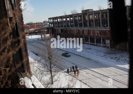 A view of the abandoned Packard Automotive Plant, once an auto manufacturing factory, in Detroit, Michigan, United States on January 8, 2014.  Detroit is part of an area called the 'Rust Belt' surrounding the Great Lakes. Once a leader in steel production, the area has been hit with a hard economic decline, population loss and urban decay as a result of the declining industrial sector. Stock Photo