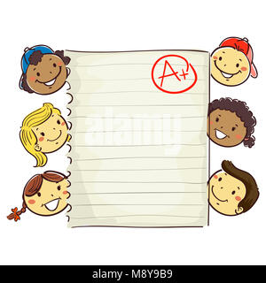 Illustration of Stick Kids Around Paper showing A Plus Grade Stock Photo