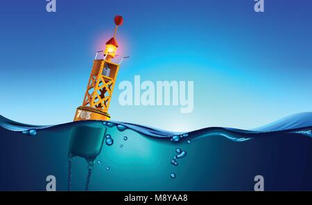 Sea orange Buoy floating in ocean at dawn. Sea buoy has navigation meteorology equipment, beacon swinging on waves. Split view over and under water su Stock Vector