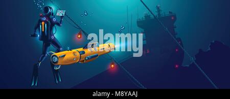 Underwater autonomous robot exploration sea floor. Underwater drone with diver explorat the place shipwreck of ship. Stock Vector