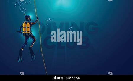 One scuba diver underwater. Back view. Diver look on big logo diving club underwater. Diver dives to the bottom of the sea, holding the rope, The sun' Stock Vector