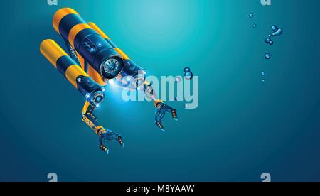 Autonomous underwater rov with manipulators or robotic arms. Modern remotely operated underwater vehicle. Fictitious subsea drone or robot for deep un Stock Vector