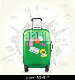 Journey round-the-world - suitcase and world sights Stock Vector