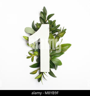Number one shape with green leaves. Nature concept. Flat lay. Stock Photo