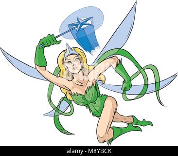 Vector cartoon clip art illustration of a female superhero with a woodland fairy princess theme featuring a crown, star magic wand, and wings. Drawn i Stock Vector