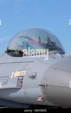 The Royal Netherlands Air Force General Dynamics F-16AM Fighting Falcon canopy and cockpit during International Air Show. Static exposition. Stock Photo