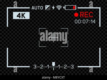 4K resolution video camera rec viewfinder aperture hole on transparent dark background. Record frame template snapshot photography film Stock Vector