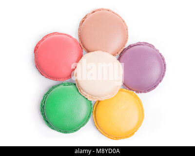 Colored macaroons on white background. Top view isolated with clipping path Stock Photo