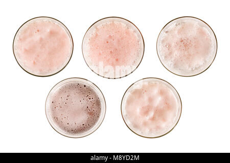 Pink cherry beer foam close up set. Top view, isolated on white with clipping path Stock Photo