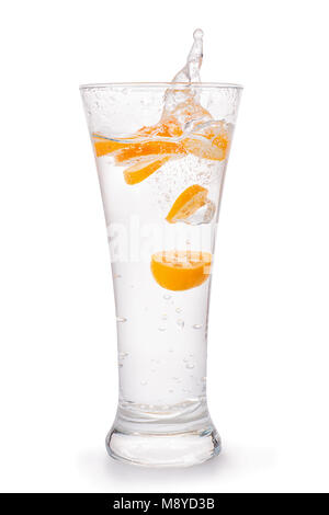 Glass of sparkling water with orange citrus fruit slices and water splash. Isolated on white, clipping path included Stock Photo