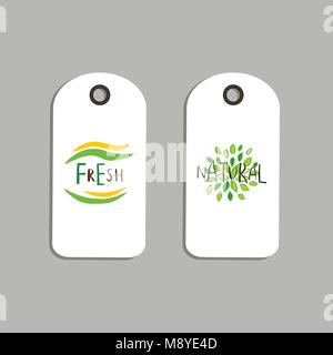 Vector eco badge or tag, bio green logo. Vegan sign for cafe, restaurants, products packaging. Hand drawn leaves, branches, plant elements with letter Stock Vector