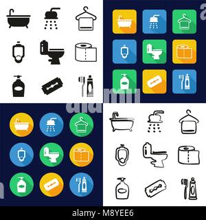 Bathroom All in One Icons Black & White Color Flat Design Freehand Set Stock Vector