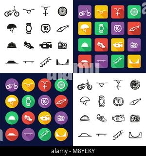 BMX All in One Icons Black & White Color Flat Design Freehand Set Stock Vector