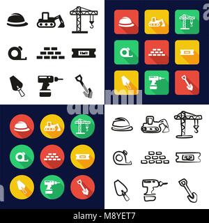Builders Site All in One Icons Black & White Color Flat Design Freehand Set Stock Vector