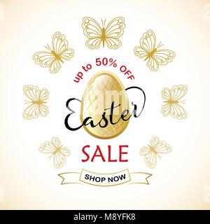 Easter Sale. Elegant banner, flyer, background with golden butterflies, Easter Egg and sales text. Vector illustration. Stock Vector