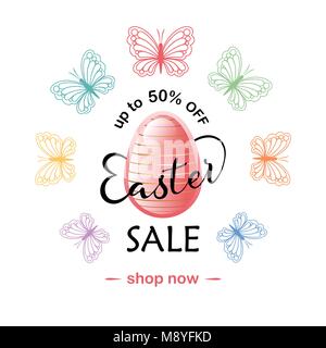 Easter Sale. Colorful banner, flyer, background with butterflies, Easter Egg and sales text. Vector illustration. Stock Vector