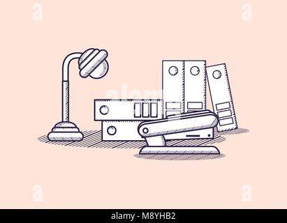 Office supplies design with lamp desk and document folders  over orange background, sketch design. vector illustration Stock Vector