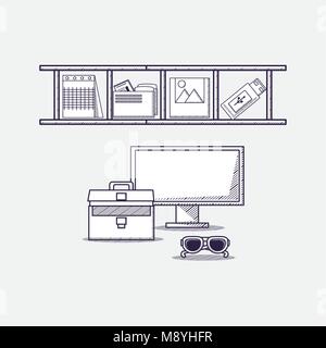 Office supplies design with shelves with objects and computer with briefcase and sunglasses over white background, sketch design. vector illustration Stock Vector