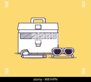 Office supplies design with briefcase and sunglasses over yellow background, sketch design vector illustration Stock Vector
