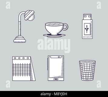 Icon set of office supplies related icons over gray background, sketch design vector illustration Stock Vector