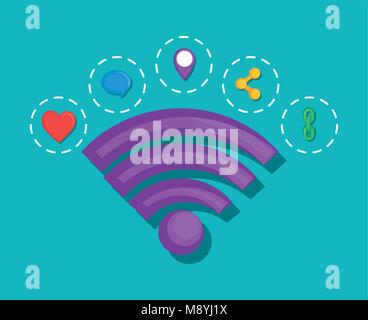 wifi symbol with social media related icons over turquoise background, colorful design vector illustration Stock Vector
