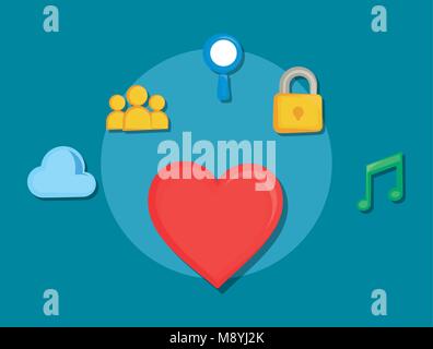 heart with social media related icons over blue background, colorful design vector illustration Stock Vector