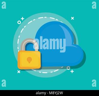 Social media design with cloud and padlock icon over turquoise background, colorful design vector illustration Stock Vector