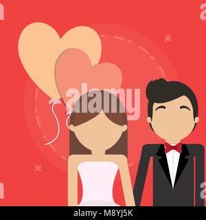 avatar wedding couple and decorative balloons in heart shape over red background, colorful design. vector illustration Stock Vector