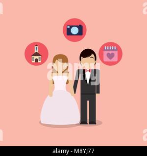 Avatar wedding couple with related icons around over background, colorful design. vector illustration Stock Vector