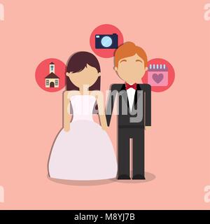 Avatar wedding couple with related icons around over background, colorful design. vector illustration Stock Vector