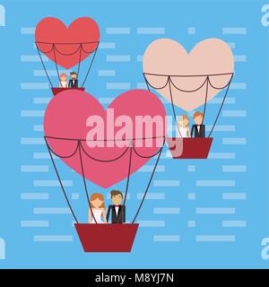hot air balloons in heart shape with wedding couples over blue background, colorful design. vector illustration Stock Vector