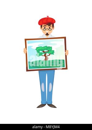 Cheerful painter in red beret showing picture with tree in nature on white background. Stock Vector