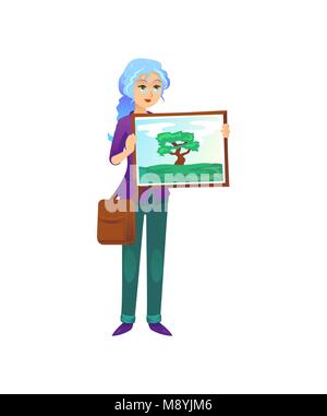 Informal painter woman standing with picture of nature on white background. Stock Vector