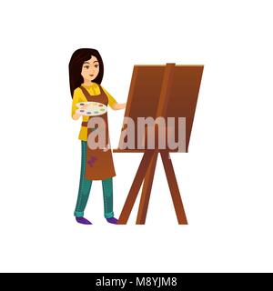 Pretty painter woman with palette standing and drawing at easel isolated on white. Stock Vector