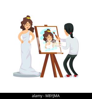 Painter standing at easel and drawing picture of woman in dress on white background. Stock Vector