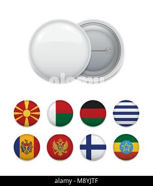 Arranged blank badge with set of various emblems and country flags on white. Stock Vector