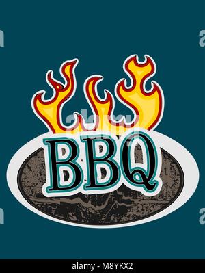 BBQ on a wooden sign with flames, vector illustration Stock Vector