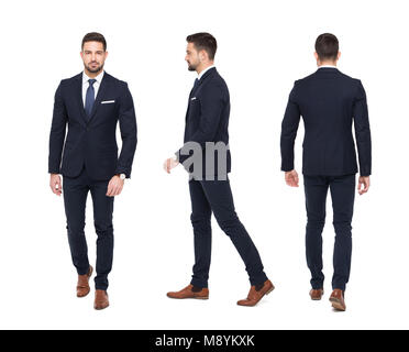 Young stylish businessman front rear side view, isolated on white Stock Photo