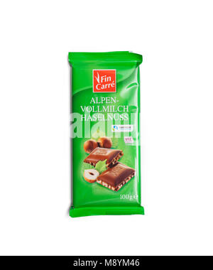 CHISINAU, MOLDOVA - February 28, 2018: Fin Carre brand Precious milk chocolate with whole hazelnuts. German product. Isolated on white background Stock Photo