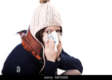 Illness And Sickness. Closeup Of Beautiful Woman Feeling Sick Dripping Nasal Drops In Blocked Nose. Portrait Female Sprays Cold And Sinus Medicine In  Stock Photo