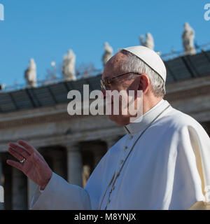 Vatican City. Pope Francis waves from the papamobile during his inauguration mass at St Peter's square on March 19, 2013 at the Vatican. Stock Photo